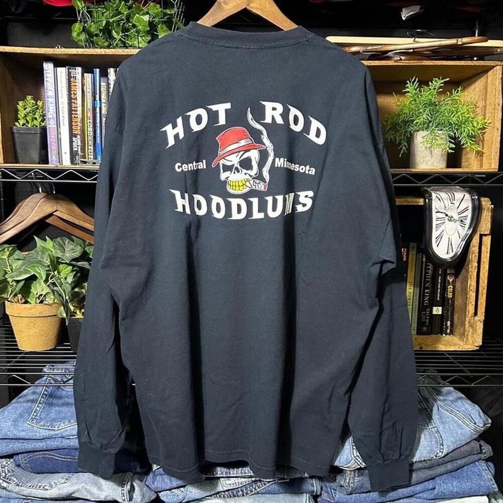 Vintage Y2K Hot Rod Hoodlums Long Sleeve Tee Mens 2XL Black Skull Biker Shirt